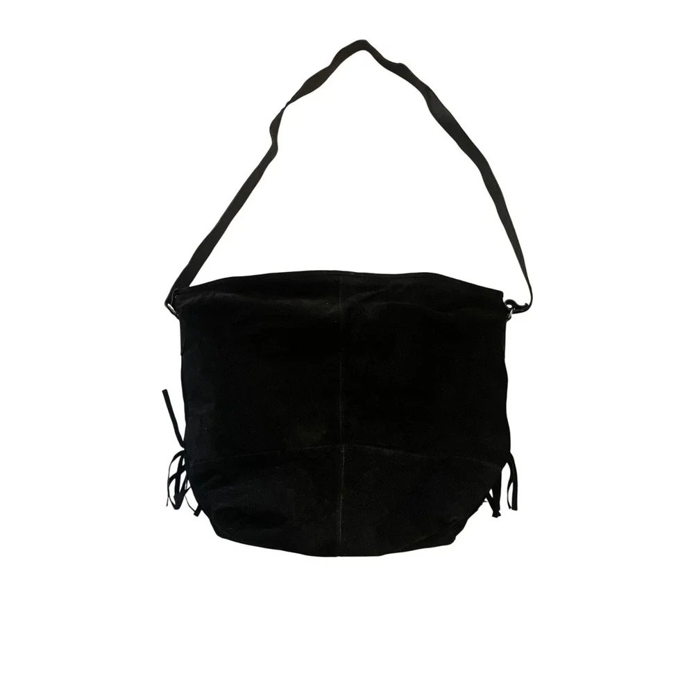 Black Genuine Suede Fringe Hobo Bag Studded Western Boho Shoulder Bag